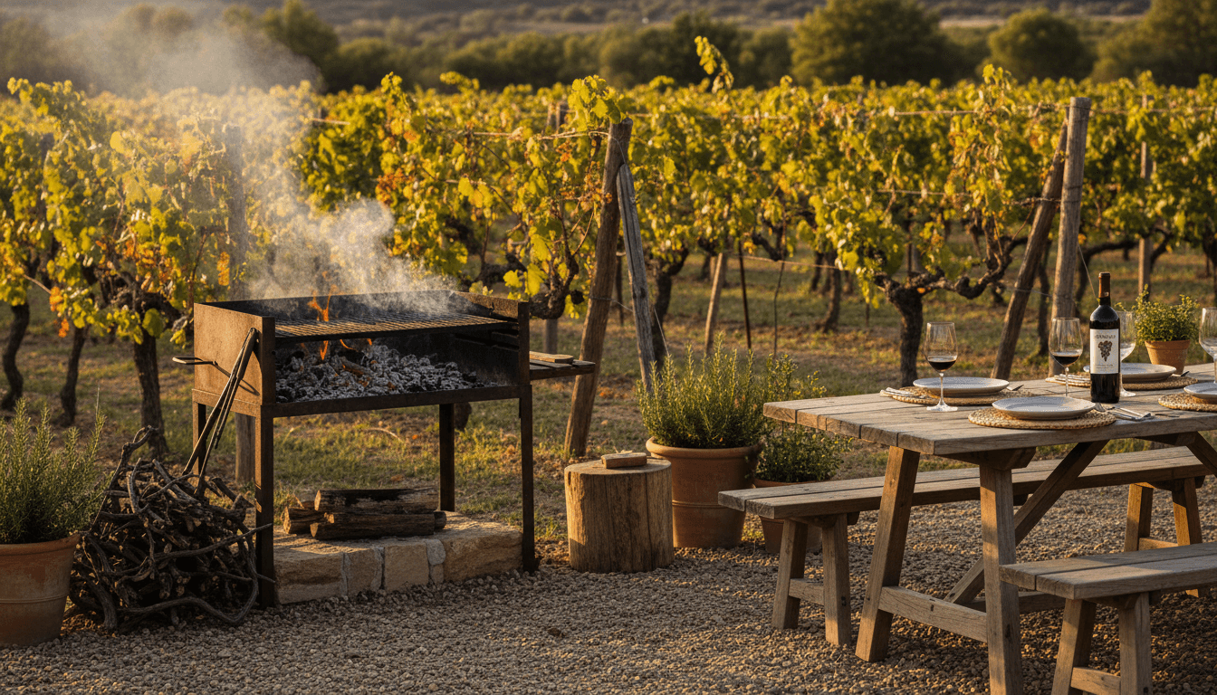 Fully equipped BBQ grill in a Catalan vineyard garden with wine and table settings at golden hour