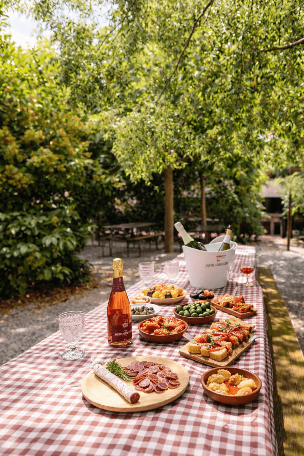 Tapas and rosé wine spread on a red checkered tablecloth under lush green trees.