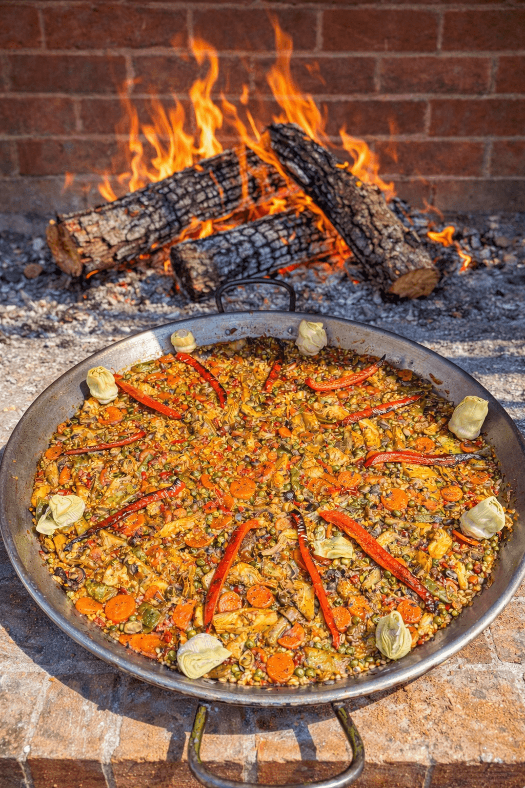 Large pan of vegetable paella with artichokes and peppers cooking before a roaring fire.