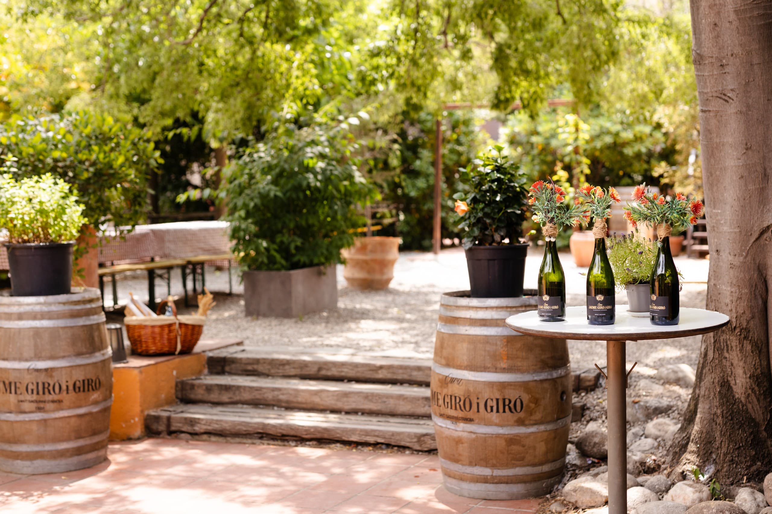 Sunlit garden patio featuring wooden wine barrels and wine bottles used as flower vases.
